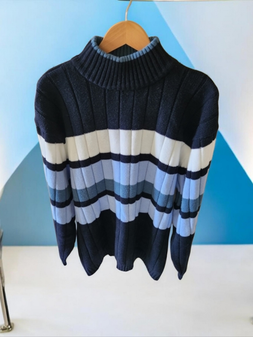 VTG Y2K Southpole Ribbed Mock Neck Sweater Blue Striped Size XL
